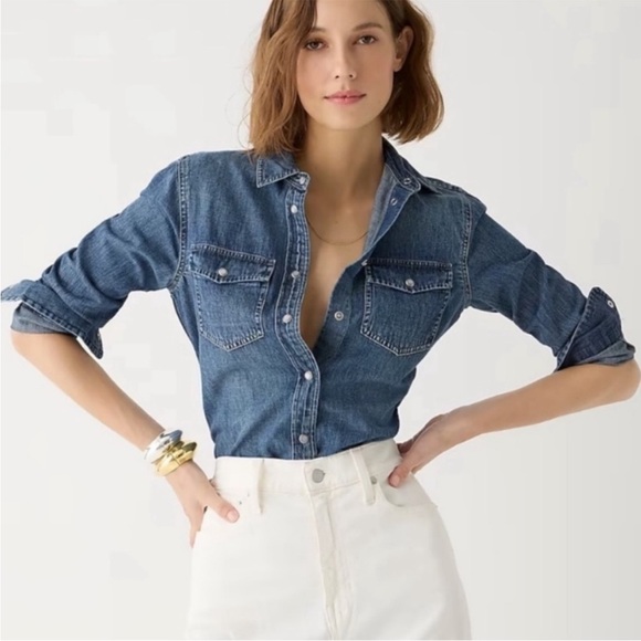 BOGO! J. Crew Denim Pearl Snap Western Shirt Blue AW206 Size 6 - Picture 2 of 12